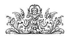 an ornate crown with angels and flowers on the front, vintage line drawing or engraving illustration