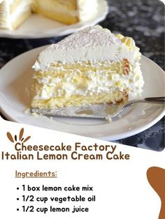 a piece of cheesecake on a plate with a fork next to it and an advertisement for italian lemon cream cake