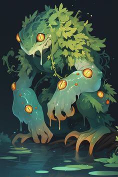 an illustration of some strange looking plants in the water with glowing eyes on their faces