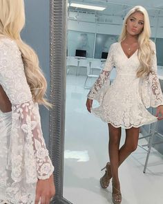 ivory v-neck a-line lace homecoming dress with bell sleeves hd3179 Lace Beading, Dress With Bell Sleeves, Cheap Homecoming Dresses, Casual Chique, Short Party Dress, Short Homecoming Dress, Lace Homecoming Dresses, Short Prom Dress, Cocktail Dress Lace