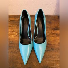 Condition: Great, Never Worn Color: Aqua Blue Size: 8 Light Blue Fitted Heels With 4-inch Heel, Fitted Light Blue Heels With 4-inch Heel, Casual Blue Heels For Office, Pink Block Heels, Gold Strappy Sandals, Jeweled Heels, Aqua Blue Color, Pointy Toe Heels, Ankle Strap Block Heel