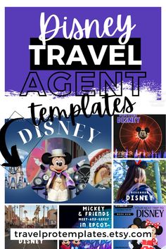 the disney travel agent templates are shown in purple, black and white with text overlay