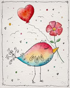 a watercolor painting of a bird holding a flower with a heart shaped balloon in the background