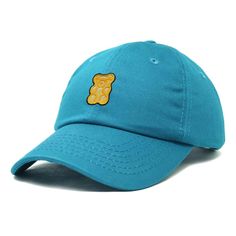 a blue baseball cap with a bear patch on the front and back side, sitting against a white background