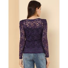 Add some romance to your look with this sheer lace top. The slightly stretchy fabric creates a breezy, textural base for this lace top, which is accented with long sleeves for a feminine dimension. A cami top should be worn, which is not included in this garment. This sheer top has a feminine design of floral lace and long puff sleeves. A semi-sheer top features an allover floral lace design, a round neck, and long sleeves. Great for simple but trendy pants or skirts. Semi Sheer Top, Sleeve Embroidery, Trendy Pants, Blouse Purple, Sheer Lace Top, Puff Long Sleeves, Lace Neckline, Women's Blouses, Embroidery Lace