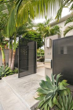 the entrance to a house with palm trees and plants around it in front of an iron gate