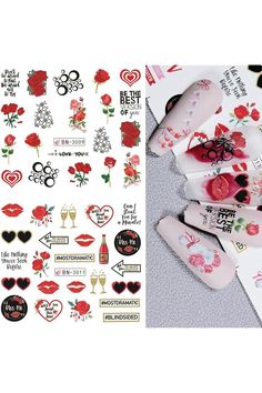 Valentine&#39;s Day Nail Art Stickers Heart Nail Decals Water Transfer Pink Romantic Nail Art Decoration Supplies Red Rose Flower Love Letter Nail Design Sliders Manicure Decals for Women 12PCS