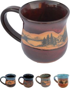 four mugs with different designs on them