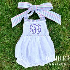 Ruffle Seersucker Bubble, monogram seersucker bubble, monogram seersucker romper, ruffle romper, seersucker romper So sweet, so classic, new Seersucker Ruffle Bubbles!! The ruffle trim on the bodice and the bow on the back of these suits are just precious!! The Seersucker Bubbles are made out of 100% cotton, fully lined, with a snap crotch & elastic on the leg openings. 3 Color Options to choose from: Solid White White with Pink Accents **currently sold out as of 4/13/21 except for 18m and h Playful Gingham Bubble Romper For Spring, Spring Gingham Bubble Romper With Ruffles, White Cotton Bubble Romper With Smocked Back, Spring Gingham Bubble Romper For Playtime, White Bubble Romper With Smocked Back For Spring, Spring White Bubble Romper With Smocked Back, Cute White Bubble Romper With Smocked Back, All White Romper, First Birthday Pictures