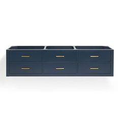 a blue dresser with gold handles and drawers on the bottom, against a white background