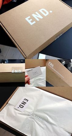 an open box with the end logo on it and some other pictures showing what's inside