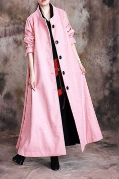 #pink #plussize #coat #woolcoat Spring Wool Coat With Button Closure, Long Spring Outerwear With Button Closure, Casual Long Spring Wool Coat, Pink Single Breasted Wool Coat For Fall, Pink Single-breasted Wool Coat For Fall, Long Tweed Coat, Gray Solid Color, Kimono Design, Linen Cardigan