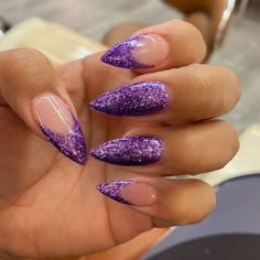 Almond Acrylic Nails Purple Glitter, Sparkly Purple Almond Nails, Purple Glitter French Tip Nails Acrylic, Monochromatic Purple Nails, Sparky Purple Nails, Purple Nails Stilleto, Gel Nails Purple Glitter, Purple Glitter French Nails, Dark Purple Glitter French Tip Nails