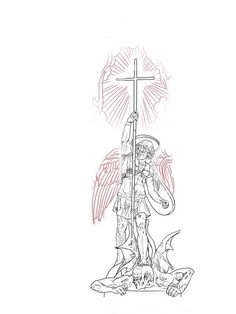 a drawing of an angel holding a cross with two dogs on the ground next to it