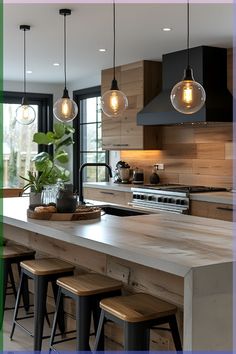 an image of a kitchen setting with lights hanging from the ceiling and stools on the counter