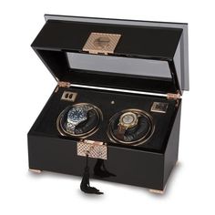 Rapport London Black Wood and Rose Gold Dual Watch Winder - Allurez.com Black Piano, Watch Winders, Double Black, Luxury Business Cards, Snow Fashion, Master Piece, Watch Winder, Black Card, Ebony Wood