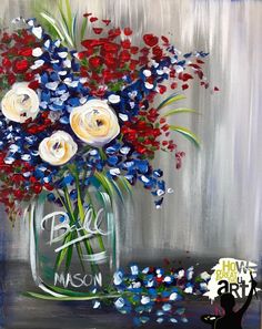 a painting of red, white and blue flowers in a mason jar