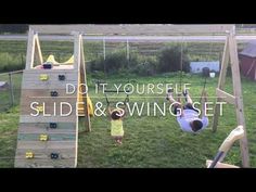 two children playing on swings and slides in the yard with words do it yourself slide & swing set