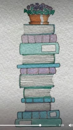 a drawing of a stack of books with a potted plant on top of them