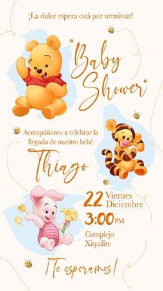 a baby shower with winnie the pooh, pig and honey bear on it's back