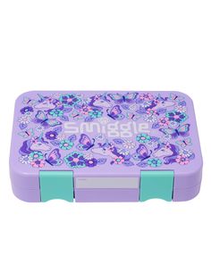 a purple and blue lunch box with butterflies on it