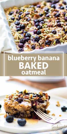 blueberry banana baked oatmeal on a white plate with a fork in it