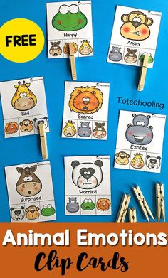 animal emotions clip cards for kids to help them learn how to say and use them