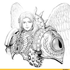 a drawing of an angel with wings on it's head and armor around its neck