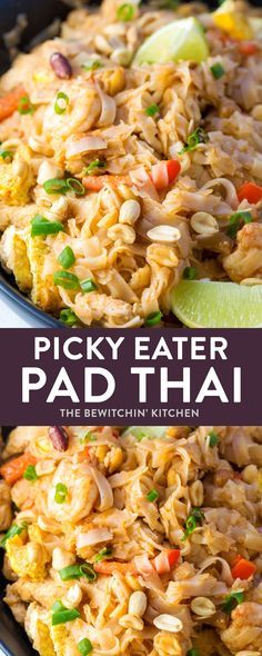 a bowl filled with rice and vegetables next to the words picky eater pad thai