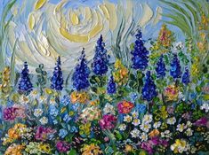 an oil painting of flowers and the moon in the sky above them, on canvas