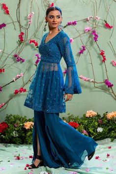 Shop for Miku Kumar Blue Georgette Embroidered Kurta And Palazzo Pant Set for Women Online at Aza Fashions Sheer Kurta, V Neck Kurta, Embroidery Kurta, Kurta And Palazzo, Embroidery Neckline, Net Embroidery, Palazzo Pant, Peplum Styling, Blue Sheers