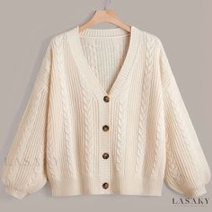 Lasaky - Womens Plus Size Casual Cable Button Up Lantern Sleeve Cardigan - Solid Color Knit Cardigans For Women, Clothes Sweaters & Cardigans, Cardigans Aesthetic, Womens Cardigans, Beige Clothes, White Knitted Cardigan, Rust Cardigan, Shein Cardigan, Simple Cardigan