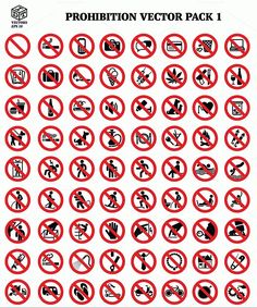 a large collection of prohibition signs