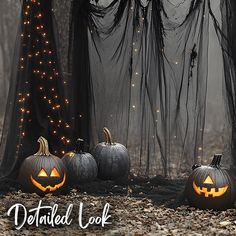 three carved pumpkins sitting on the ground in front of a black net with lights