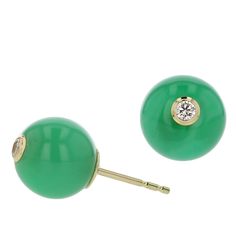 These petite spherical stud earrings have been created from vintage bakelite beads salvaged from a necklace. The bakelite is a beautiful, medium green color. Brilliant white diamonds have been bezel-set in 18k yellow gold and mounted to the front of the beads. The beads rest in highly polished 18k yellow gold cups with posts. These studs are extremely light weight and comfortable for constant wear. These cheerful studs bring to mind vintage FireKing Jadite glassware. Metal 18-Karat Yellow Gold ( Green Gemstone Round Bead Earrings, Green Gemstone Earrings With Round Beads, Formal Green Earrings With Bezel Setting, Green Bezel Set Earrings For Formal Occasions, Classic Green Earrings With Bezel Setting, Unique Studs, Stud Earrings Unique, Gold Cup, Vintage Bakelite