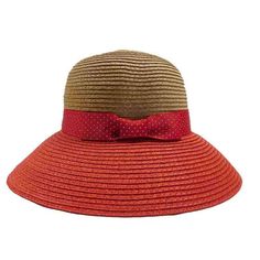 Two tone straw bucket hat for women. Natural straw color dome crown. Red downward sloping, 4" wide brim for provides excellent sun protection. Wide, 2", polka dot grosgrain ribbon band with bow. Ribbon inner band. One size. 100% paper braid Cheap Adjustable Red Sun Hat, Red Straw Hat For Spring, Red Straw Hat For Vacation, Red Wide Brim Boater Hat For Summer, Red Wide Brim Boater Hat For The Beach, Red Wide Brim Boater Hat For Beach, Adjustable Red Straw Hat, Adjustable Red Boater Hat For Beach, Red Straw Hat For Summer