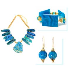 This beautiful set is both bold and chic and has an rich look with a luxurious feel! Set features stunning statement pieces created using semi precious blue Agate stones as well as gold plated accents.Set includes the following:The Blue Agate & Jasper Stone Gold Chain Bib Statement NecklaceThe Larimar Blue Agate Ball Drop Short Gold Statement EarringsThe Blue Agate Chunky Gold Plated Statement BraceletSet also includes a free travel jewelry case with purchase!*Select either Earring Hooks or Luxury Blue Agate Jewelry, Blue Agate Stone, Blue Jasper, Ball Drop, Travel Jewelry Case, Stone Gold, Jasper Stone, Blue Agate, Earring Hooks