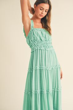 Get ready to "ruffle" some hearts with the Camila Seafoam Ruffle Dress. This playful midi dress features a flattering square neckline, an elastic waist for the perfect fit, and plenty of ruffles for a fun and flirty look. With a fully lined design and convenient pockets, this dress is both stylish and practical. Show off your unique style in this statement dress. True to size; I'm in a small. Statement Dress, Denim Accessories, Square Necklines, Hello Autumn, Sea Foam, Square Neckline, Ruffle Dress, Denim Dress, Ruffles