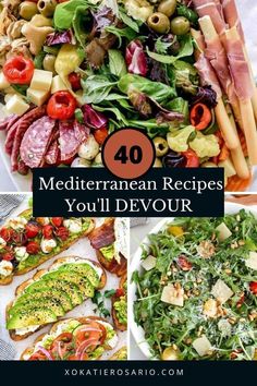 four different types of salads with text overlay that reads 40 mediterranean recipes you'll devour