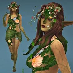 an image of a woman with flowers in her hair and green leaves on her body