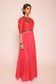 Red puffed elbow sleeves floor length jumpsuit with metallic bloom nalki, sequin and beads embellishments on the shoulder, waistline and sleeves. - Aza Fashions Embellished Jumpsuit, Zari Embroidery, Jumpsuit For Women, Jumpsuit Pattern, Red Jumpsuit, Sequin Beading, Elbow Sleeve, Aza Fashion, Jumpsuits For Women