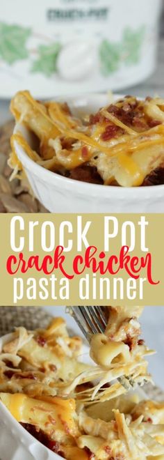 crock pot cracker pasta dinner is served in a white dish with a fork