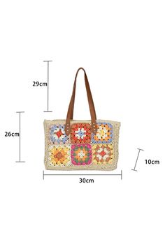 Size Chart (CM) Sizes Length Height Width ONE SIZE 30~31 26~27 10~12 Size Chart (INCH) Sizes Length Height Width ONE SIZE 11.8 10.2 3.9 Trendy Beige Crochet Square Bag, Trendy Beige Square Crochet Bag, Trendy Cream Square Crochet Bag, Trendy Cream Crochet Square Bag, Square Beige Crochet Bag For Daily Use, Beige Square Crochet Bag For Daily Use, Trendy Beach Crochet Bag With Granny Square Details, Beige Rectangular Crochet Bag With Granny Square, Beige Granny Square Bags For Vacation