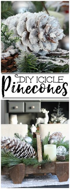 pine cones and candles are sitting on a tray with evergreen branches in the background, and text overlay reads diy rustic pine cones