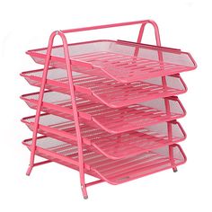 three tiered pink metal tray with mesh sides and two rows of compartments on each side