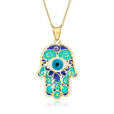 Ross-Simons - Blue Enamel Hamsa Pendant Necklace in 14kt Yellow Gold. 18". Offering happiness, good fortune, peace and protection, this stylish Hamsa is detailed in double-sided blue enamel with scrolls of polished 14kt yellow gold. Suspends from a cable chain. Wear this beauty whenever your mood needs a boost! Springring clasp, Hamsa pendant necklace. Symbolic Blue 14k Gold Jewelry, Spiritual Blue Tarnish Resistant Jewelry, Spiritual Blue Tarnish-resistant Jewelry, Blue Amulet Necklace For Good Luck, Blue Hallmarked Amulet Necklaces, Blue Hallmarked Spiritual Necklaces, Hamsa Pendant, Fine Jewelery, Hamsa Hand