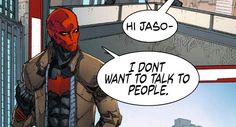 a deadpool comic character is talking to someone in the background with his hand on his hip