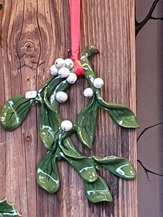 a green and white christmas ornament hanging from a red ribbon on a wooden wall