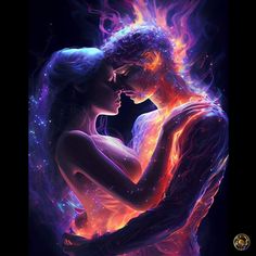 a man and woman embracing in front of a dark background with bright fire behind them