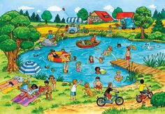 children are playing in the water and having fun at the park with their bikes, scooters, and motorbikes